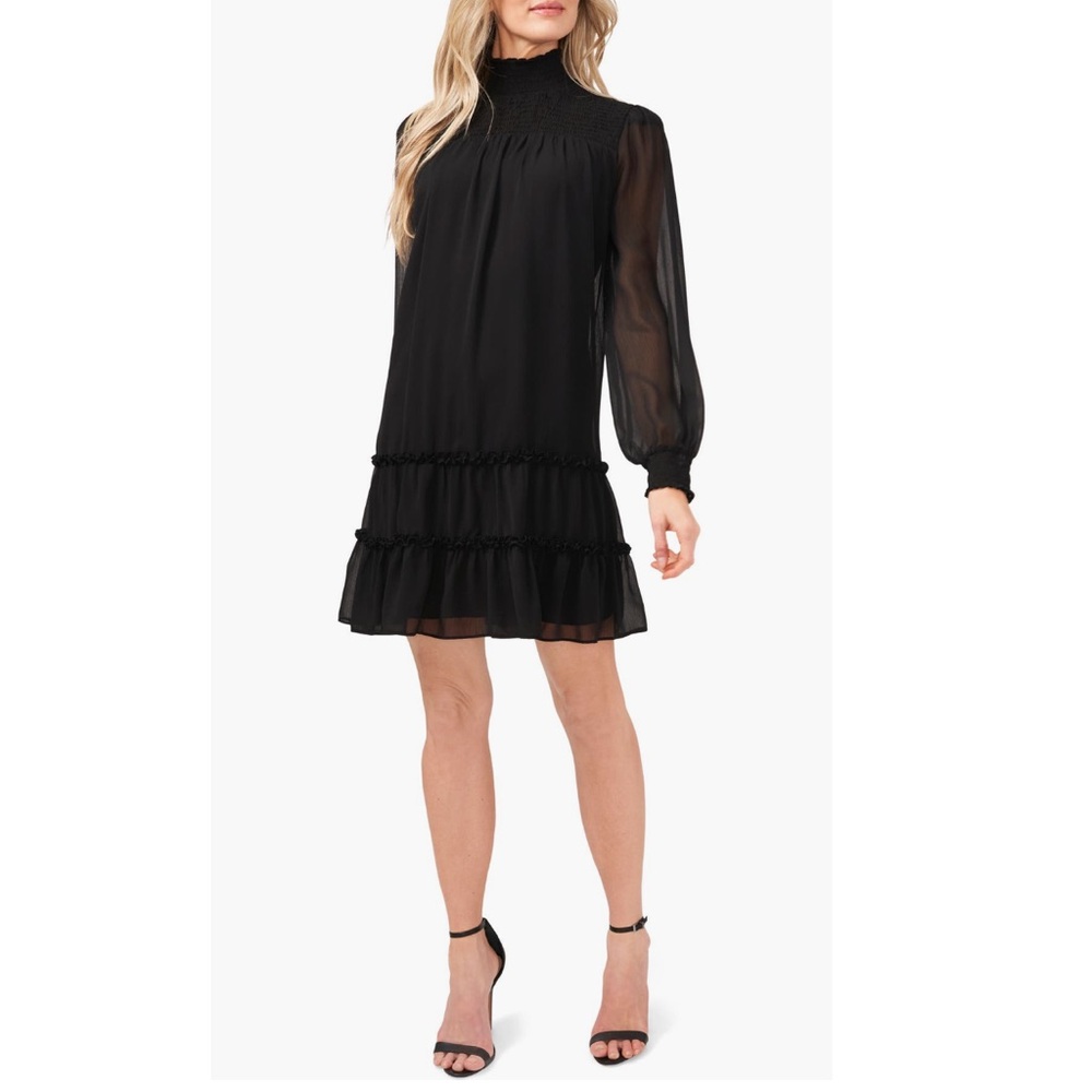CeCe Navy Blue Tiered Mock Neck Long Sleeve Shift Dress Size XS - Defected